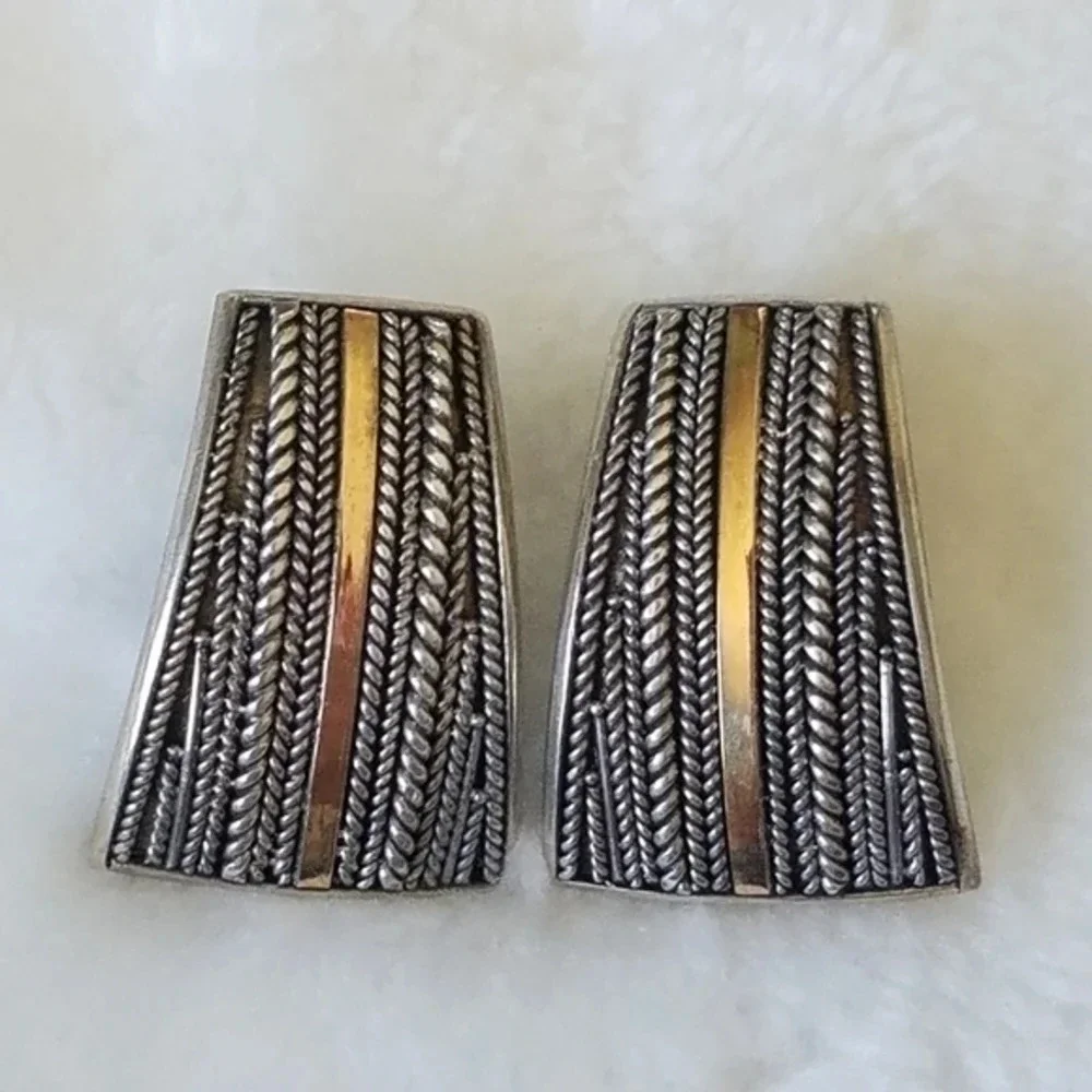 Vintage 1980s Modernist Southwest Artisan Sterling Earrings Mixed Metal